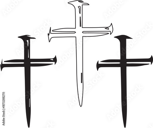 Bold vector illustration of three stylized crosses crafted from rough metal nails, powerfully symbolizing the ultimate sacrifice, resurrection, and enduring Christian faith.