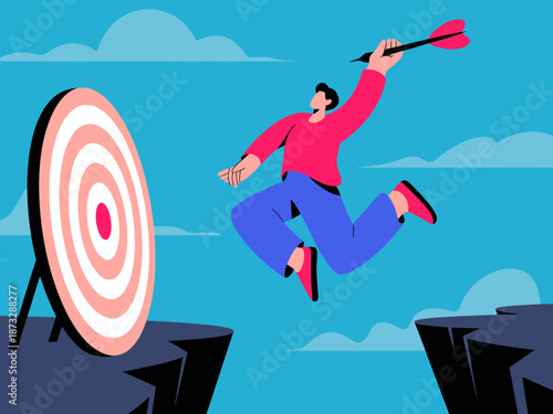 This energetic illustration shows a person jumping towards a target with an arrow, symbolizing ambition, pursuit of goals, and the excitement of reaching new heights in life.