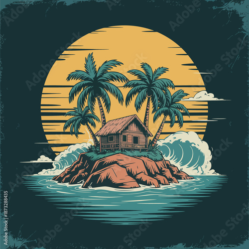 A beautiful illustration of a tropical island featuring a cozy house surrounded by palm trees and ocean waves, evoking a sense of peace and serenity.