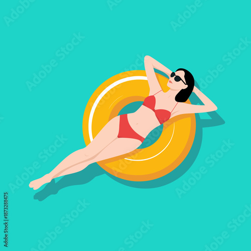 A cheerful summertime vector illustration showing a woman lounging on a pool float, encapsulating leisure, relaxation, and the joy of sunny days by the water.