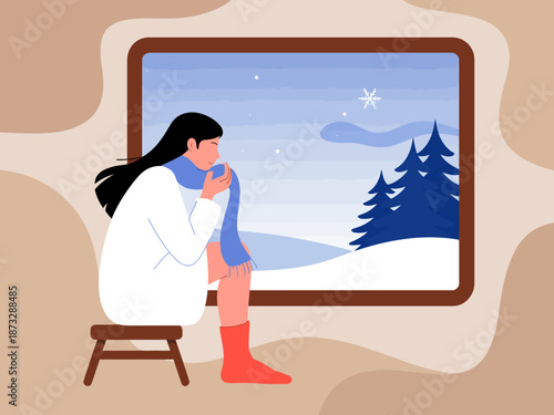 An evocative illustration of a woman sitting by a window, sipping a warm drink while observing snow-covered trees, perfectly capturing the essence of reflective winter moments at home.