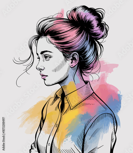 A beautifully illustrated profile of a young woman captures elegance and grace, showcasing sophisticated artistry and expressive colors, ideal for fashion and beauty themes.