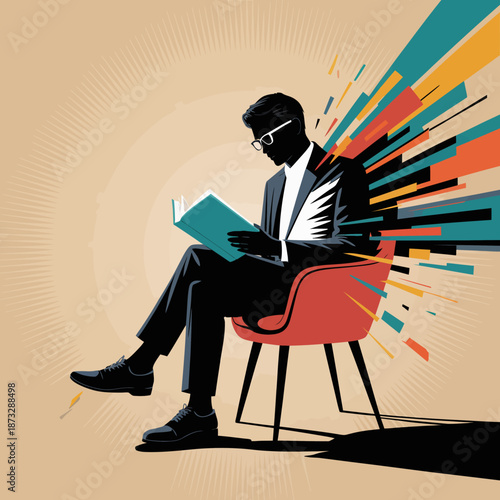 A striking silhouette of a person reading a book with dynamic colorful elements exploding around symbolizes knowledge, creativity, and dynamism, ideal for educational themes.