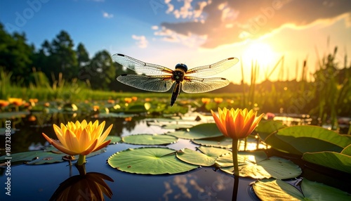 Dragonfly hovering over water lilies in a calm wetland pond (World Wetlands Day, Feb 2)