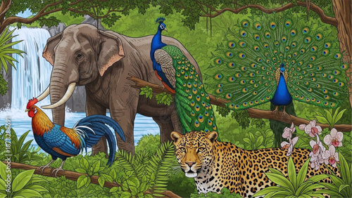 Sri Lanka Tropical Jungle Wildlife Scene with Elephant Leopard Peacocks and Rooster near Waterfall