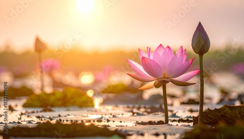 Lotus flowers blooming in wetland waters under soft sunlight (World Wetlands Day, Feb 2)