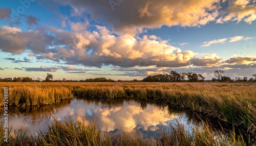 Reflection of sky in wetland pond surrounded by tall grasses (World Wetlands Day, Feb 2)