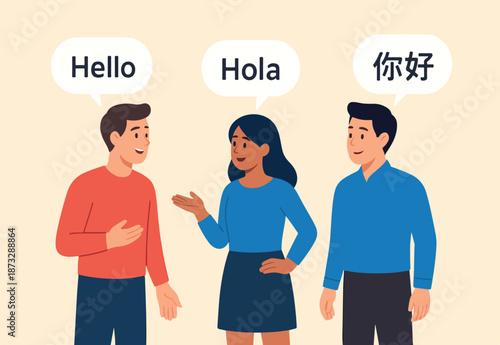 Language learning, translation or international communication, global or multilingual education, foreign diversity concept, young adult people talking with foreign international language symbol.