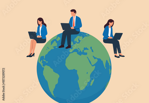 Work from anywhere around the world, remote working or freelance, international company or global business concept, business people sitting around world map on globe working with online computer.