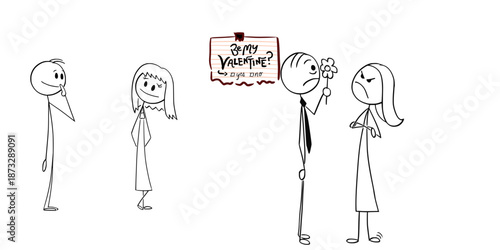 Funny Valentine's Day Stick Figure Proposal Illustration with Rejected Flower and Note
