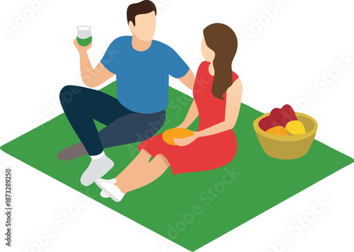 A relaxed couple enjoying a summer picnic outdoors, sitting on a green blanket with a basket of fruits and drinks, embodying leisure, romance, and an idyllic outdoor lifestyle together in nature