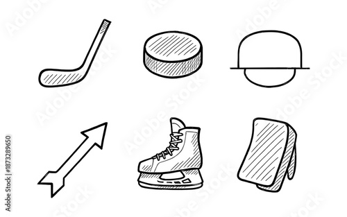 Hand-drawn hockey equipment icons including stick, puck, skate, and helmet