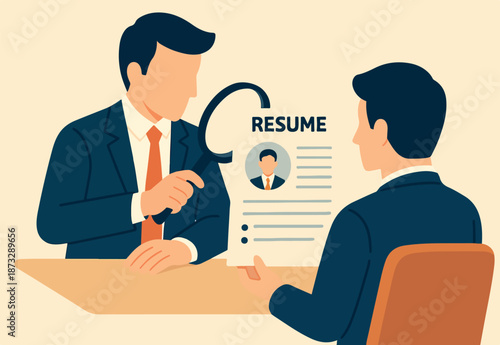 Review job candidate, applicant for vacancy or hiring qualification, talent review or analyze resume, recruitment or selection, business people HR review candidate resume with magnifying glass