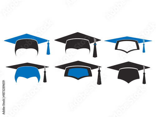 Graduation caps and tassels in blue and black on black background