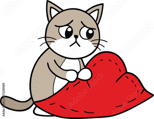 Depressed cute cartoon cat character sitting down looking worried while hugging a large red stitched heart shape signifying heartbreak sadness loneliness or need for comfort vector graphic art
