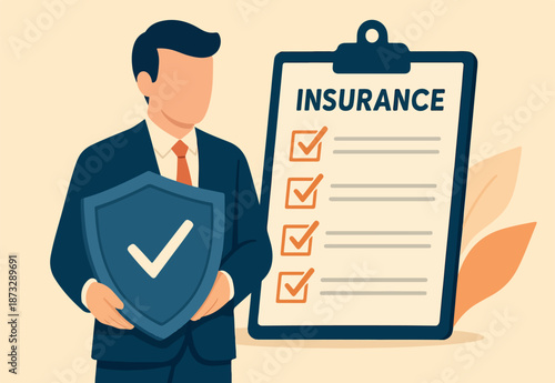 Insurance shield protection, support or guarding coverage policy, advantage checklist or contract document, threat or assurance guarantee, businessman agent with shield and checklist clipboard.