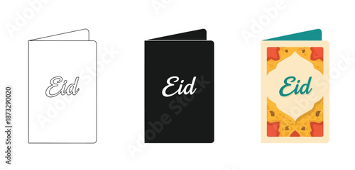 Eid Cards Vector Set in Three Styles — Line Art, Silhouette and Color Version for Islamic Design, App UI, Posters and Branding