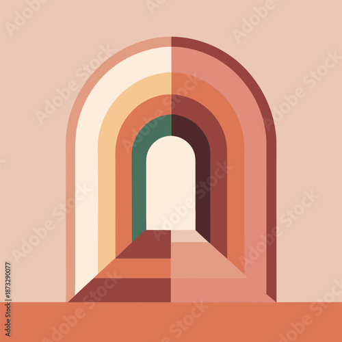 Archway leading to bright light depicted with concentric semi circles in warm retro colors suggesting passage to new beginnings or hopeful future