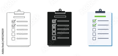 Checklists on Clipboards with Various Tasks Vector Set in Three Styles — Line Art, Silhouette and Color Version for Islamic Design, App UI, Posters and Branding