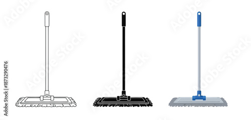 Mops with handles Vector Set in Three Styles — Line Art, Silhouette and Color Version for cleaning floors