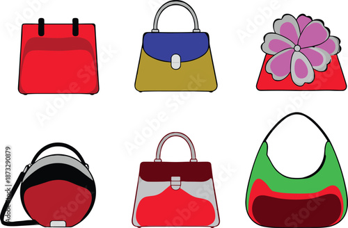 Colorful fashion handbags collection, modern purse designs, trendy accessories, stylish women’s bags, vector illustration for retail and design