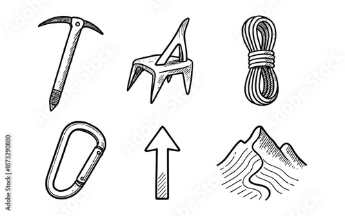 Hand-drawn climbing gear and mountain icons for adventure and exploration
