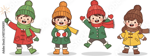 Cartoon children in colorful winter clothes playing outdoors, festive mood, snow fun, seasonal activity, joyful holiday illustration for kids