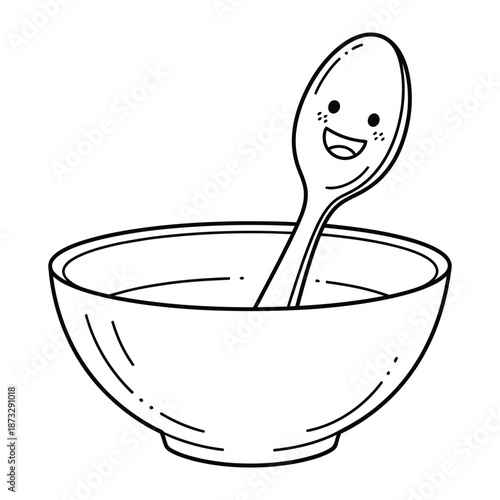 A Cartoon Bowl and Spoon: In a simple illustration, a cheerful spoon nestled within a bowl filled with a liquid. The playful depiction of everyday objects brings a sense of joy and delight.