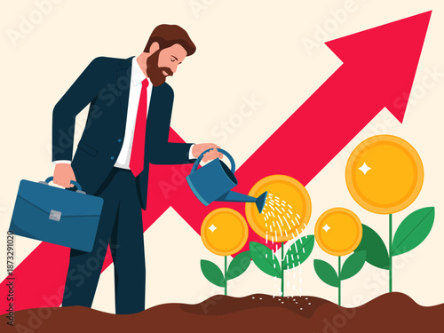 This image showcases a businessman watering plants that symbolize growth with coins as blossoms, representing investment, prosperity, and care in the business sector.