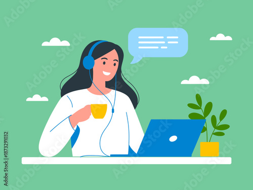 In this illustration, a woman enjoying her time at home is wearing headphones, holding a coffee cup, and working on her laptop, highlighting remote work and relaxation.