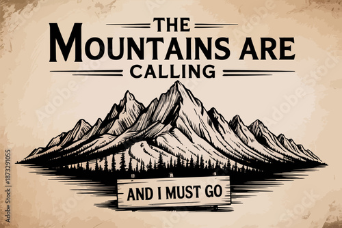 A breathtaking landscape illustration featuring towering mountains with dense forests, inviting adventure seekers to explore the beauty of nature and the great outdoors.