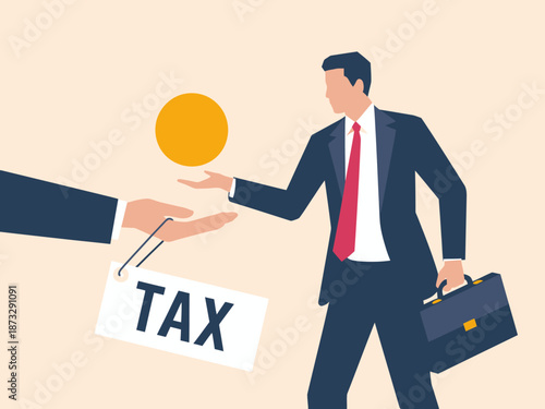 This image showcases a businessman interacting with a tax symbol, portraying the responsibilities of finance and the impact of taxes on individuals and businesses.