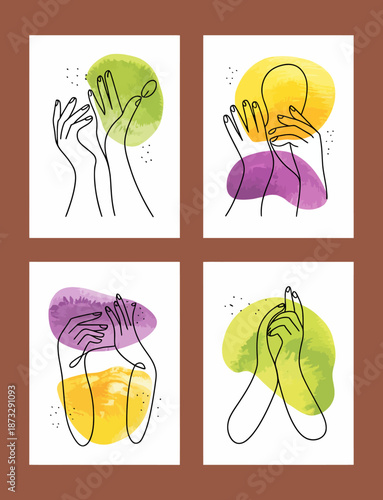 This artistic collection of hands surrounded by colorful abstract shapes illustrates the connection to human emotions, offering a sense of intimacy and expression.