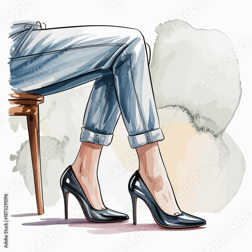 A chic illustration of a woman's legs elegantly posed in stylish high heels, capturing sophistication and fashion, ideal for shoe advertisements or style blogs.