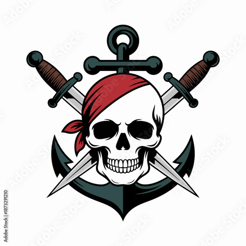 This bold emblem combines a skull, swords, and an anchor, representing piracy and adventure, set in a stylized design that evokes a sense of rebellion and thrill.