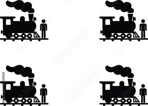 Steam locomotive silhouette with person, vintage train illustration, black vector art, transportation concept, railway pattern, retro travel design