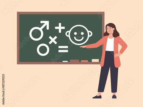 This educational illustration depicts concepts of gender through symbols, aimed at promoting understanding and discussion about gender identity and societal roles in a classroom setting.