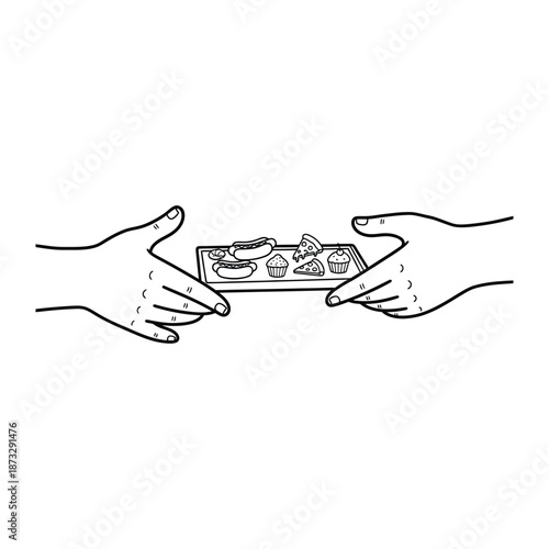 Sharing the Culinary Offerings: A pair of hands extends a tray, generously presenting an array of delectable treats, perfect for a feast or shared experience.