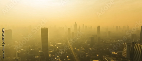 City skyline covered in heat haze and air pollution extreme heat climate change urban environment crisis