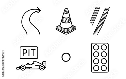 Collection of racing icons including a race track, pit stop, and formula one car