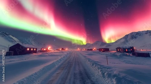 Colorful Northern Lights Over Snowy Village at Night