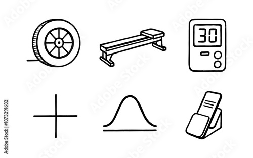 Collection of hand-drawn icons representing fitness, data, and technology concepts