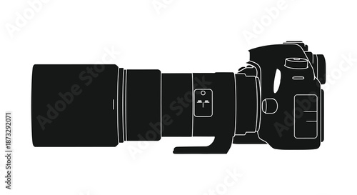 A detailed black and white illustration of a professional dslr camera in a striking silhouette