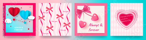 Valentine s Day 3D background with red and pink hearts, bows, and inscriptions. Hearts, bows, balloons, and inscriptions. Vector