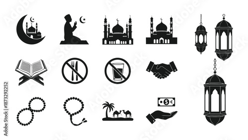 Islamic symbols and icons including mosques lanterns prayer beads and religious concepts in black silhouette on white background for cultural and religious designs