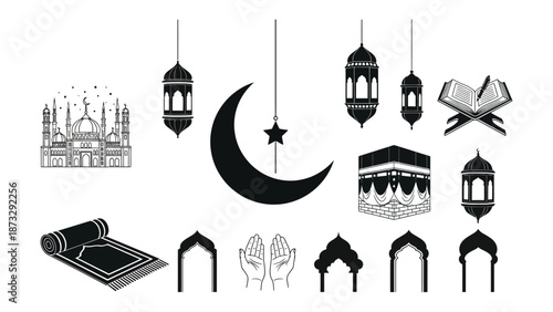 Islamic symbols and objects including mosque lanterns crescent moon star prayer mat kaaba and quran on white background for ramadan and eid celebrations