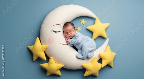 Adorable infant napping peacefully in a cozy moon pillow with golden stars and soft plush toys for nursery decor