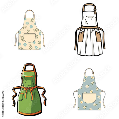 Set of four colorful kitchen aprons in various styles and patterns  