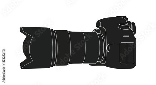 A striking black and white outline of a professional digital slr camera silhouette