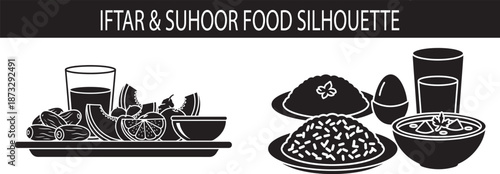 Iftar and Suhoor Food Silhouette Collection - Ramadan Meal Set with Dates, Fruits, Rice, and Egg Vector